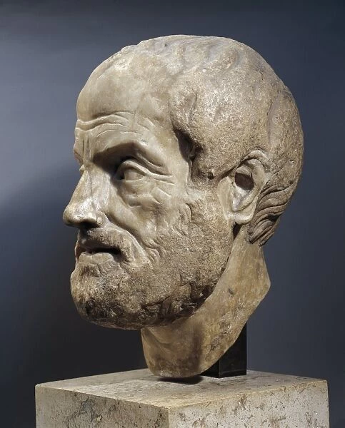 Marble head of Greek philosopher Aristotle (382-322 b. c. )