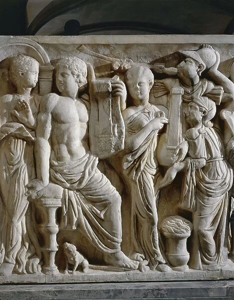 Marble sarcophagus with relief depicting Achilles at court of King Lycomedes, 240 a. d. circa, detail of Apollo playing lyre among Lycomedes children