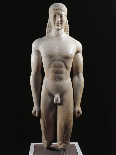 Marble statue of Kouros known as Apollo Milani For sale as Framed