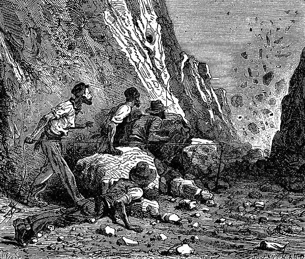 Miners using dynamite for blasting. Wood engraving, Paris, 1879
