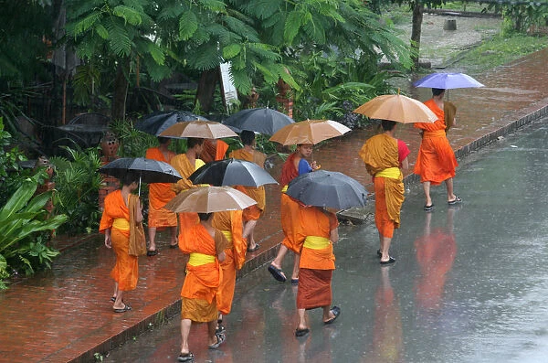 Monks in the rain in Luang Prabang