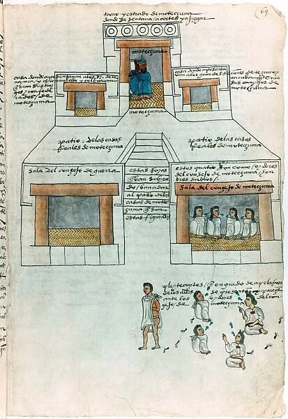 Montezuma II (1466-1620) last Aztec emperor in his palace, top. Judges, centre, Litigants, bottom