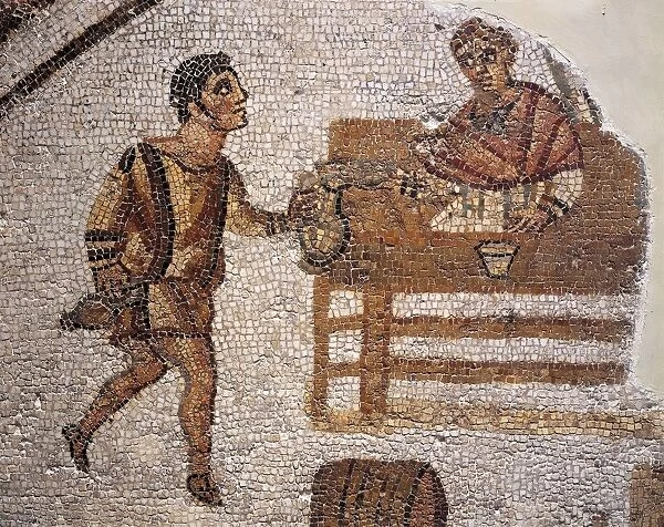 Mosaic depicting a banquet at Carthage from Uzitta, Henchir El Machceba, Tunisia, detail, a servant pouring a drink to a guest
