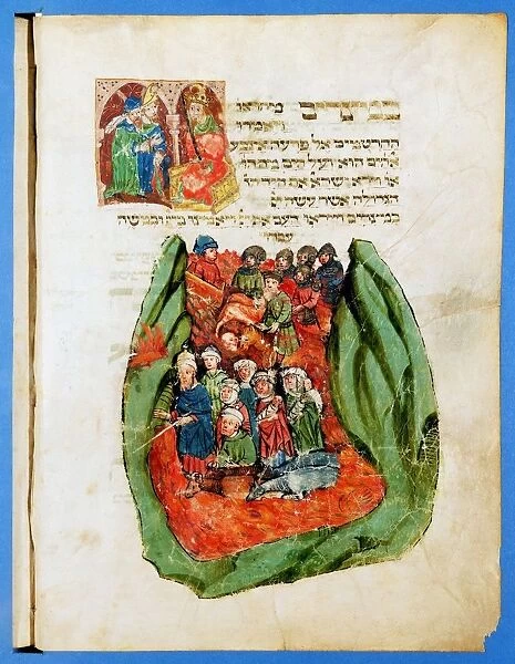 Moses leading the Children of Israel through the Red Sea. From German 15th century Bible