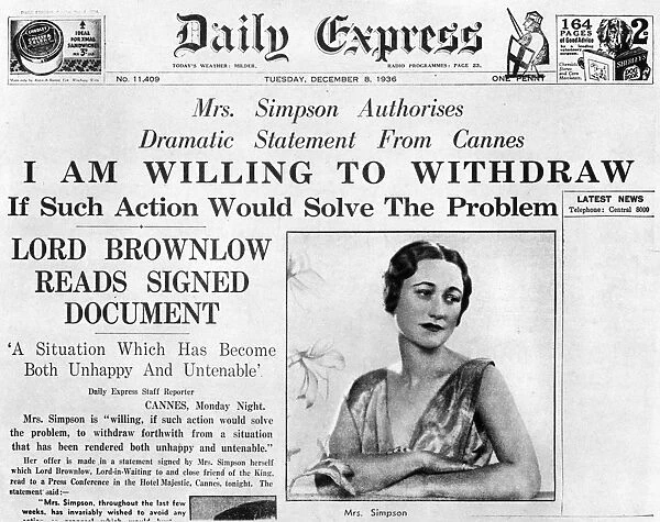 Mrs Simpson offers to withdraw, 8 December 1936. Article on the front page