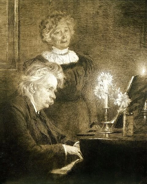 Norway, Troldhaugen, Edvard Grieg with his wife at piano
