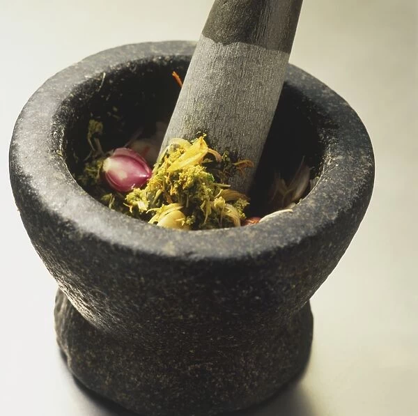 Pestle and mortar, mixture of curry ingredients inside