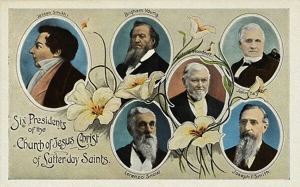 Postcard of Presidents of the Church of Jesus Christ of Latter-day Saints. ca. 1908-1910, Six Presidents of the Church of Jesus Christ of Latter-day Saints. Joseph Smith, Brigham Young, Wilford Woodruff, John Taylor, Lorenzo Snow, Joseph F. Smith