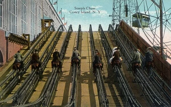 Postcard of Steeplechase Ride at Coney Island. ca. 1913, The Steeplechase is the most popular amusement device in the famous Steeplechase Park at Coney Island and is always crowded with visitors, eager to enjoy this exhilarating and exciting ride