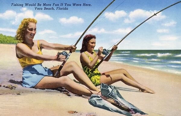 Postcard of Women Fishing on a Florida Beach. ca Our beautiful