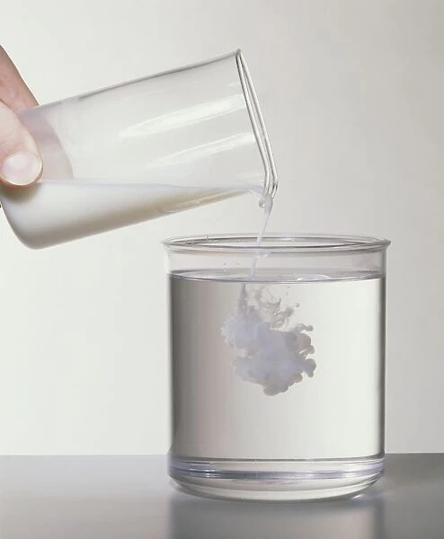 Pouring milk into water in glass beaker