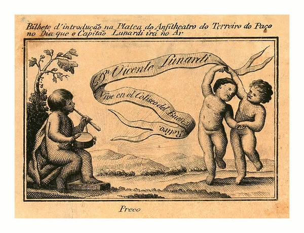 Print Shows Banner With Name Of Italian Balloonist Vincent Lunardi; Includes Figure Playing A Drum And Two Others Dancing