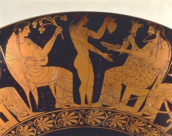 Red-figure pottery, cup depicting scene of assembly of gods: Zeus, Ganymede and Vesta, detail, Greek civilization