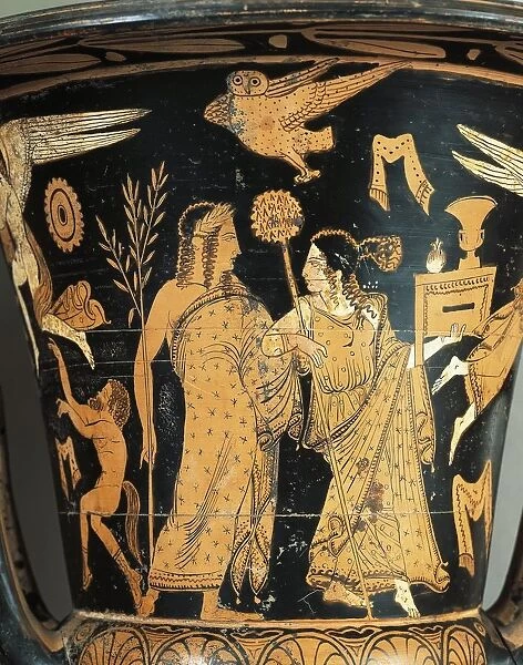 Red-figure pottery, Krater, from Civita Castellana, ancient Falerii, Rome province, Italy, detail, crowned Dionysus and Ariadne