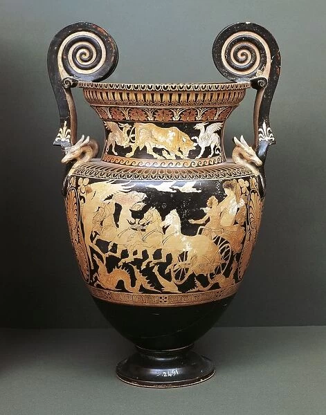 Red-figure pottery, Volute krater attributed to Aurora Painter, Side depicting Eos kidnapping Cephalus, from Civita Castellana, ancient Falerii, Rome province, Italy