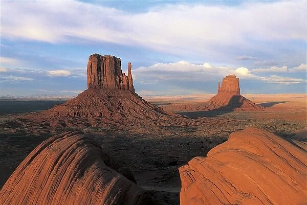 Rock formations on a landscape, West Mitten And East Mitten Buttes, Monument Valley, Arizona, USA