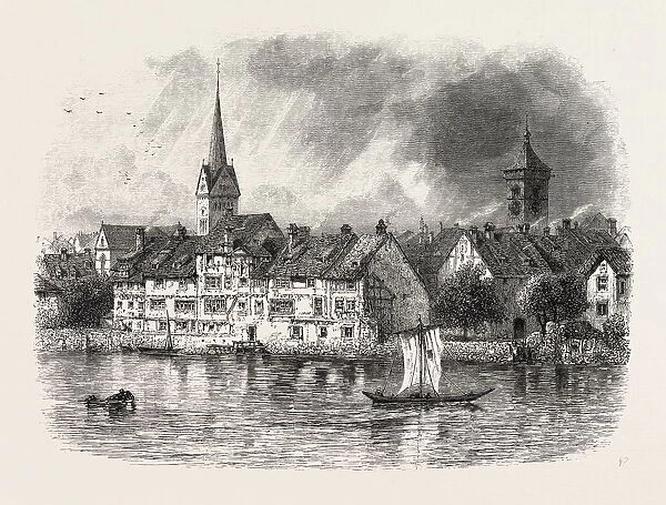 Schaffhausen, from the River, Switzerland, 19th century engraving
