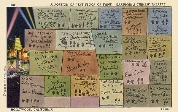 Signatures of Celebrities. ca. 1941, Hollywood, Los Angeles, California, USA, 809 A PORTION OF THE FLOOR OF FAME GRAUMANs CHINESE THEATRE. HOLLYWOOD, CALIFORNIA. One of the most frequented and interesting places in Hollywood, is the fore-court of Graumans Chinese Theatre. Here, imbedded in cement blocks, on the floor of the court are the actual signatures, hand and foot-prints of some of the most famous of filmlands celebrities