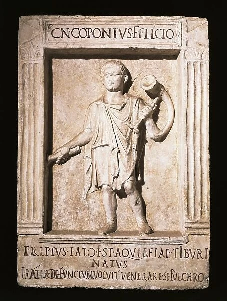 Stele of trumpeter Cneus Coponius Felicio with horn on shoulder