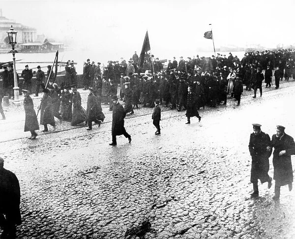 Students of university quay demostrate with red flags in petersburg in 1905