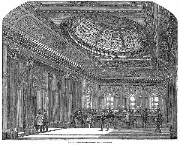 Telling Room, National Bank of Scotland, Glasgow. Wood engraving c1860
