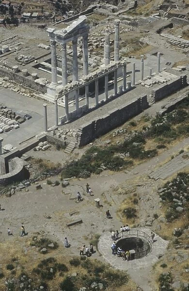 Turkey, Pergamum, aerial view of Acropolis and Trajans temple ruins