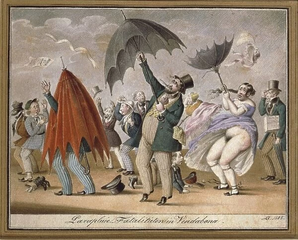Umbrella misfortune at Vienna, by Johann Christian Schoeller, caricature, 19th century