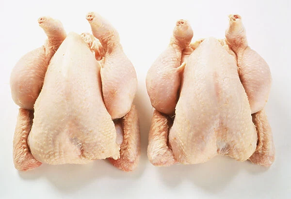 Two uncooked chickens, view from above