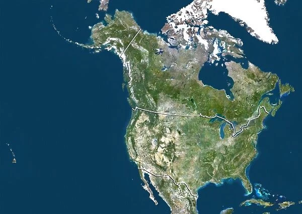 United States and Canada, True Colour Satellite Image With Border
