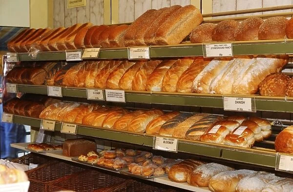 Variety of bread on display in a bakery