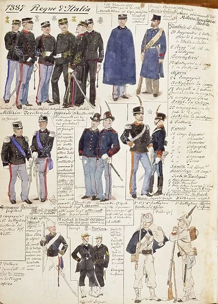 Various uniforms of Kingdom of Italy, color plate by Quinto Cenni, 1887