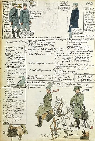 Various uniforms of Kingdom of Italy, color plate by Quinto Cenni, 1915