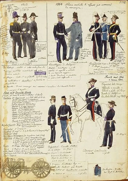 Various uniforms of Kingdom of Sardinia, by Quinto Cenni, color plate, 1843-1844