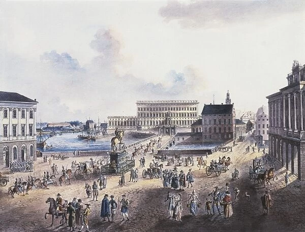 View of Stadsholmen Island, with King Gustavo Adolfos statue, Royal Palace and Cathedral (Storkyrkan) in foreground, Watercolour