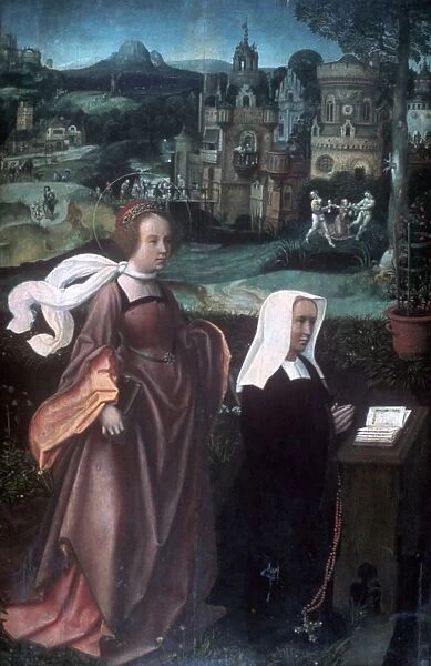 Wife of Donor of St Nicholas with St Godelina, oil on wood. Door of a triptych