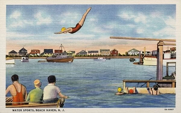 Woman Diving off a Pier. ca. 1935, Beach Haven, New Jersey, USA, WATER SPORTS, BEACH HAVEN, N. J