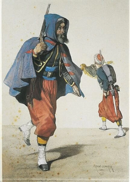 Zouaves of Napoleon IIIs Imperial Guard, colored engraving by Armand Dumareso, 1856