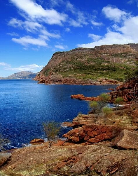 Bay view. View of bay with stunning red rock on Freycinet Peninsula in Tasmania
