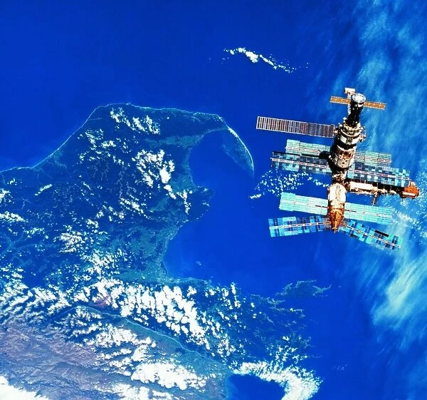 A space station orbiting above earth