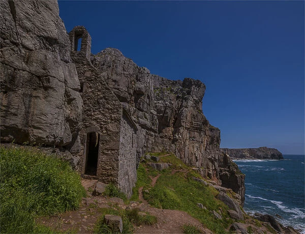 St. Govans head with the historic chapel and coastline, Pembrokeshire, Wales, United Kingdom
