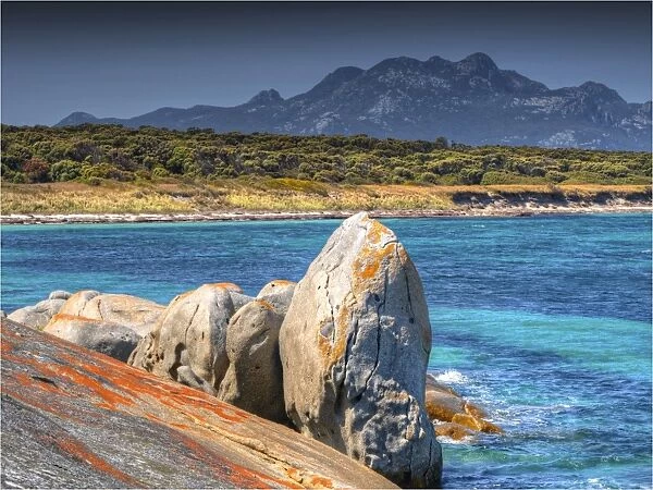 View to mount Strzelecki from Blue Rocks, Flinders Island, Bass Strait, Tasmania, Australia