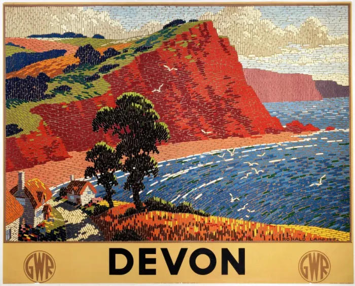 Framed Print : The Devon Print features a serene seascape with cliffs, fields, and cottages in the foreground Framed Print : The Devon Print features a serene seascape with cliffs, fields, and cottages in the foreground