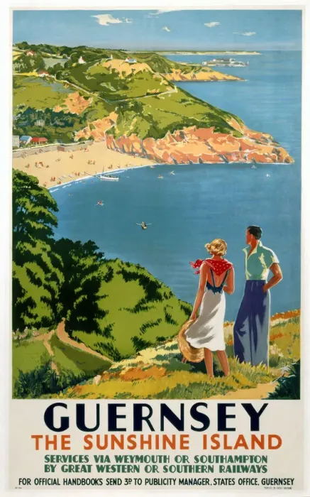 Framed Print : Guernsey Print, a 1938 GWR / SR poster featuring an idyllic seaside scene Framed Print : Guernsey Print, a 1938 GWR / SR poster featuring an idyllic seaside scene