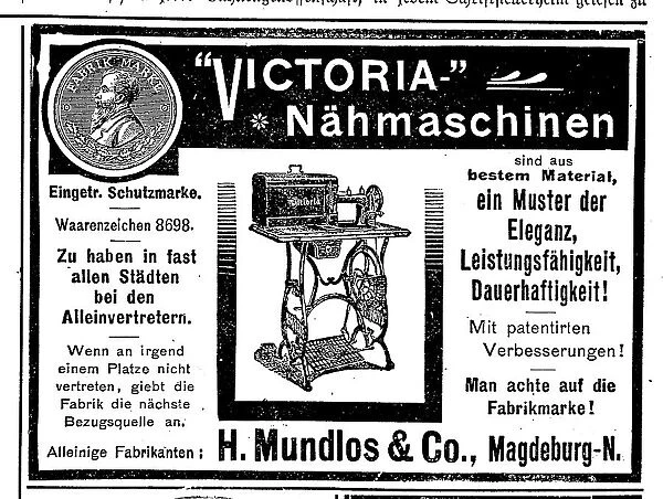 Advertisement of the Mundlos company for Victoria sewing machines, 1890, Germany, Historic, digitally restored reproduction of an original from the 19th century, exact original date unknown