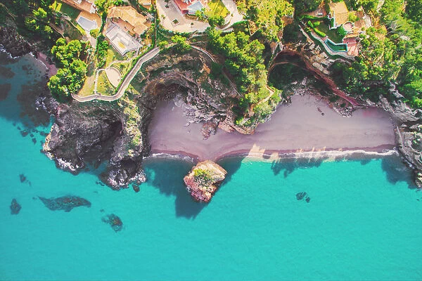 Aerial picture taken with drone of a beautiful beach with turquoise water and island in the Mediterranean Costa Brava