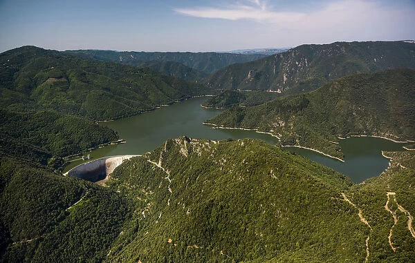 Aerial view, river Ter, Riu Ter, Susqueda Reservoir, Panta de Susqueda, Catalonia, Spain