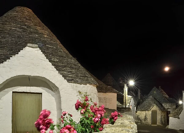 Alley with several trulli houses at night, Italy