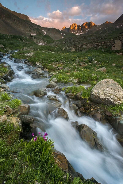 Alpine stream and Rocky Mountain in distance at sunset, American Basin, Colorado, USA