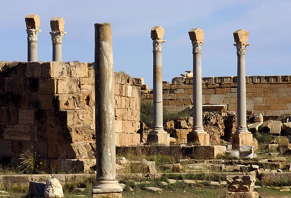 Ancient columns, Ruins of the Roman City Leptis Magna, Libya