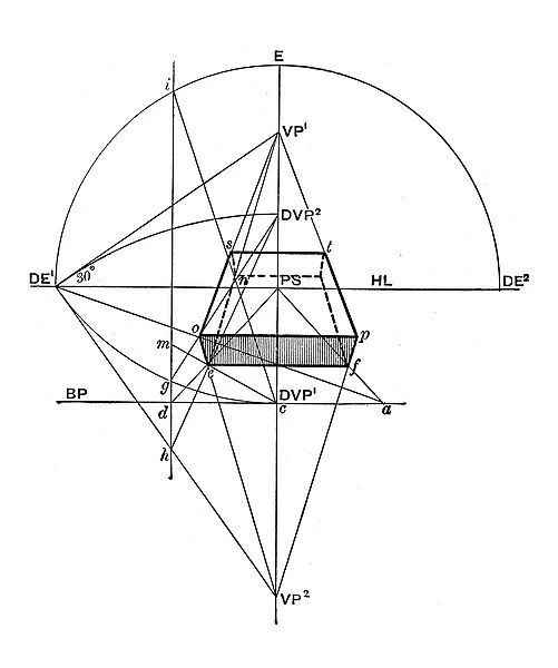 Antique engraving illustration: Perspective geometry diagram